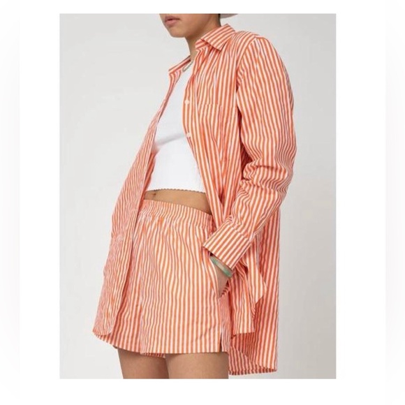 Motel Rocks Pants - Motel Gane button down shirt and shorts set White and Orange Stripes casual